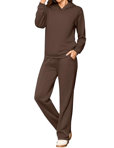 Totatuit Conjunto sport mujer 2 piezas sudadera con capucha pantalón ancho loungewear cálido casual chic Marrón，M