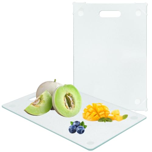 Zuxbolf 2 tablas de cortar de cristal de 30 x 20 cm, resistentes a los arañazos, de cristal templado, con pies de silicona antideslizantes para cocinar, hornear, preparar verduras en la cocina