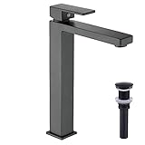 Bathroom Vessel Sink Faucet with Pop Up Drain Matte Black Single Handle One Hole Modern Tall Body De