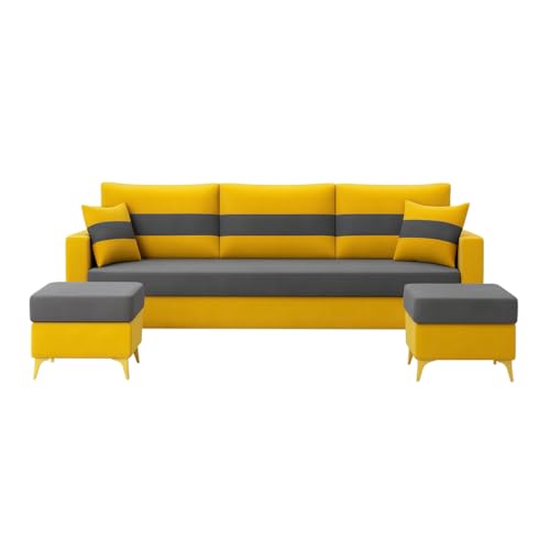 Image of SOCOZI Bravelle 5 Seater L Shape Sofa Set with 2 Movable Ottomans | Flexible Layout | Soft Velvet Suede Fabric|Modern Sofa with Golden Legs | Plush Comfort Cushions for Living Room (Yellow-Dark Grey)