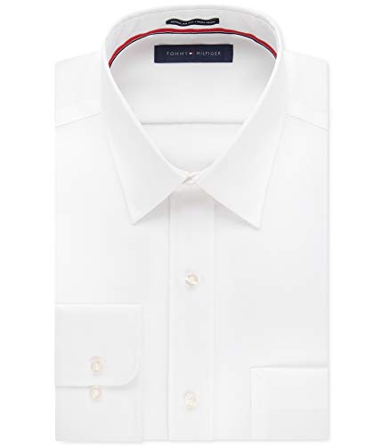 Tommy Hilfiger Men's Dress Shirt Regular Fit Non Iron Solid, White, 17.5' Neck 34'-35' Sleeve