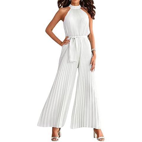 Rouyamiao Women's One-Piece Suit, Solid Color Sleeveless Back Keyhole Waist Bandage Pleated Wide-Leg Jumpsuit (White, M) Cover