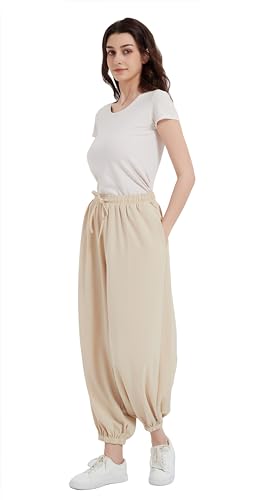 Tronjori Womens Baggy Elastic Waistband Pants High Waist Casual Wide Leg Loose Trousers Drawstring Cinch Bottom3