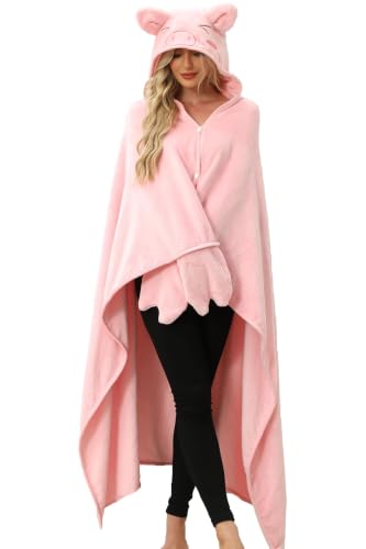 Pink Pig Gifts for Women Adult Pig Wearable Hooded Blanket Soft Cute Warm Fluffy Pig Hooded Blanket