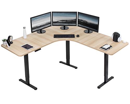 VIVO Electric Height Adjustable 71 x 71 inch Curved Corner Stand Up Desk, Light Wood Table Top, Black Frame, Memory Controller, L-Shaped Workstation, E3C Series, DESK-KIT-E3CBC