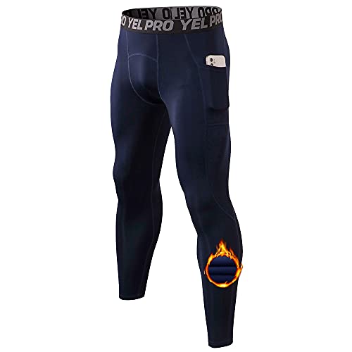 Yuerlian Leggings térmicos para hombre, ropa interior térmica, capa base, leggings para correr, gimnasio, entrenamiento, secado rápido, mallas de compresión con bolsillo, 02-n Azul, XL