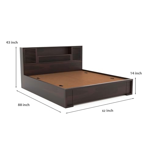Image of Solid Wood Bed with Storage | Modern Wooden Bed with Slatted Headboard | Strong & Durable Bed Frame for Bedroom Home & Hotel (Walnut Finish, Queen)