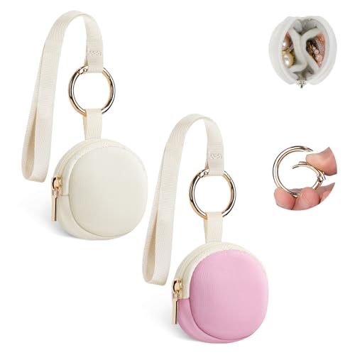 2 Mini Bolsa para Joyas Joyero Viaje para Mujeres Niñas Cajitas Regalo Navidad Cumpleaños Aniversario Pequeño Bolso de Capa de Aire Organizadora Pendientes Anillos Cadenas 5,8*5,7*2,1cm(Beige&Rosa)