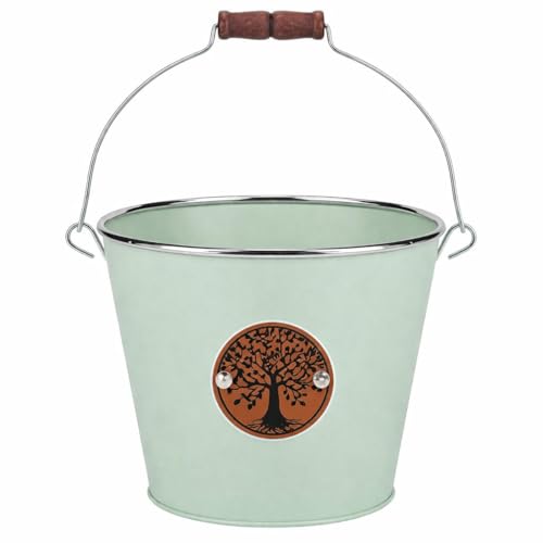 Image of Quickdraw Metal Plant Pot Bucket Planter with Handle - Tree of Life Herb Flower Pot Indoor Outdoor Garden Planter Steel 16cm - Green, Blue or Grey (Green)