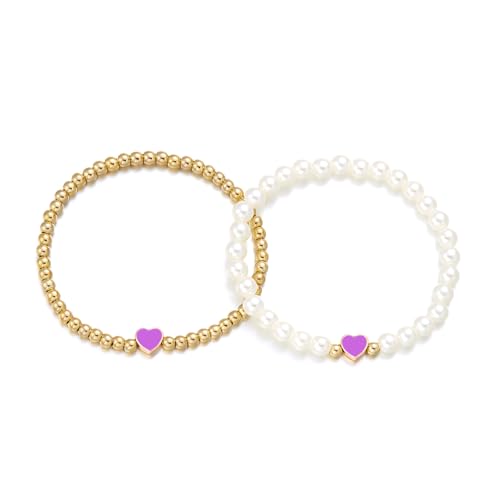 Colorful Heart Beaded Matching Couples Bracelets Chunky Simulated Pearl Stackable Stretch Bracelet Set Pinky Promise Heart Multilayered Elastic Bangles for Women Friendship Jewelry﻿ Gifts﻿﻿-Purple