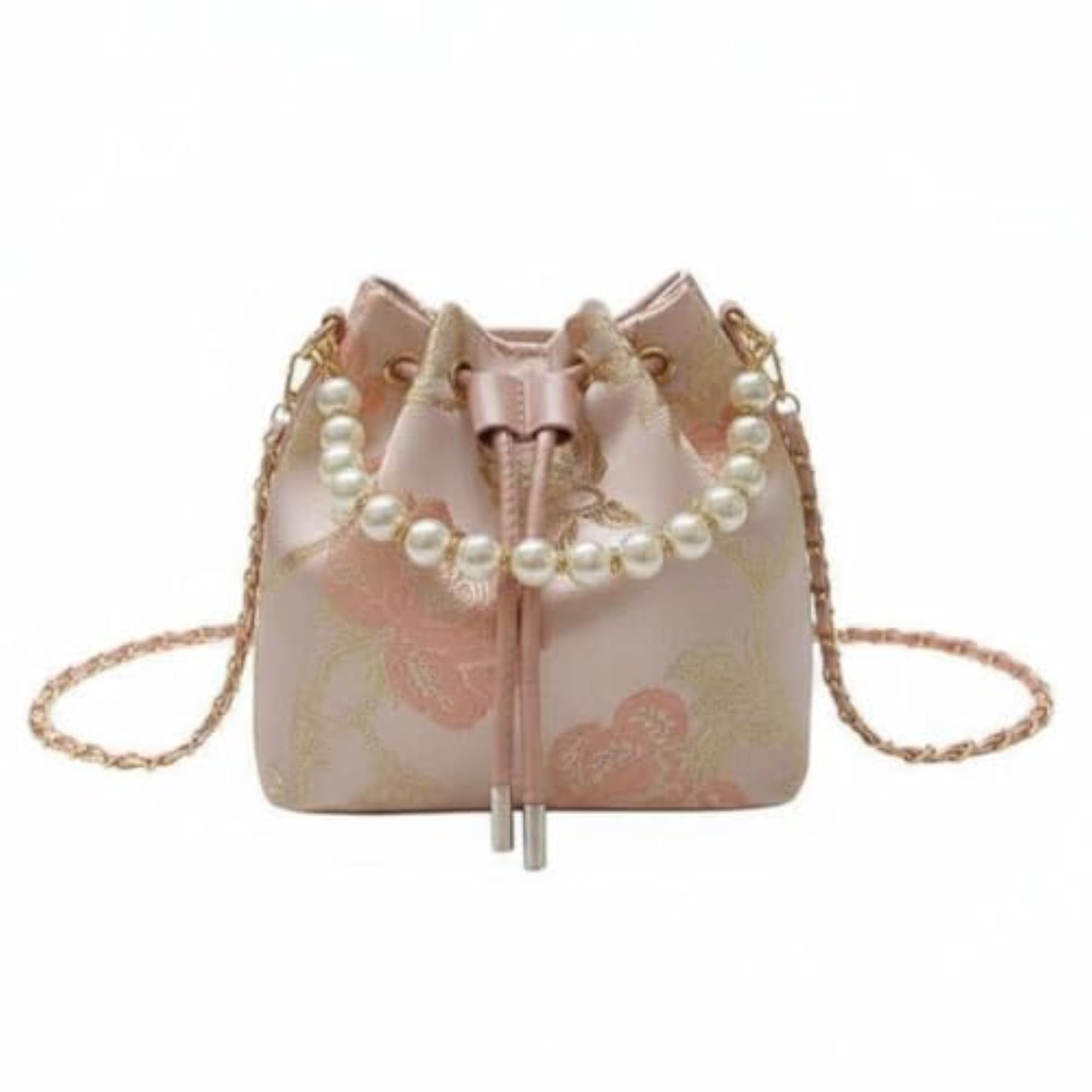 Chinese Design Drawstring Bucket Bag, Vintage Pearl Handle