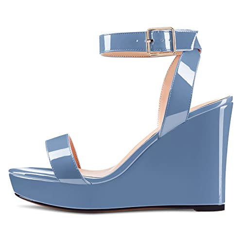 Image of Aachcol Women Platform Wedge Sandals Round Peep Open Toe Ankle Strap Slingback Two-Piece Chunky Block High Heel Dress Shoes Pumps Party Patent 4 Inch