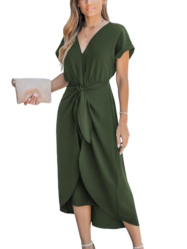 Image of CUPSHE Women's V Neck Wrap Dress Twisted Slit Pleated Waist Tie Short Sleeve Summer Midi Dresses