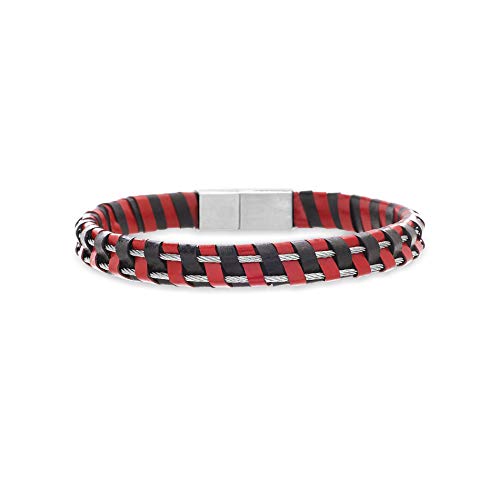 Steve Madden Stainless Steel Multi Color Black and Red Leather Braided Bracelet for Men (SMB595389-LM), One Size