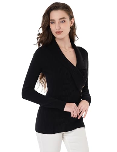 AmélieBoutik Women Slim Fit Sexy Casual Shawl Collar Faux Wrap Knit Long Sleeve Pullover Sweater3