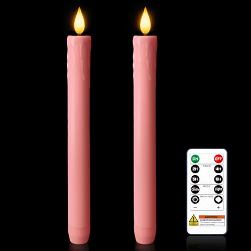 Image of Homemory 9.6 Inches Real Wax Pink Flameless Taper Candles with Remote Timer, 2 Pcs LED Fake Candlesticks, Battery Candle with 3D Flickering Flame for Wedding, Dinner, Xmas Anniversary Decor