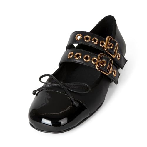 miss left Women Bows Closed Round Toe Mary Jane Flats Dual Buckle Straps with Grommet Adorable Goth Cosplay Holidays Shoes Size 4-16 US