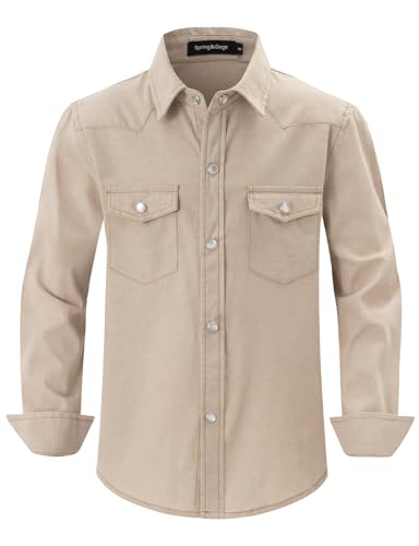 Spring&Gege Boys Long Sleeve Denim Texture Chambray Shirt Western Cowboys Pearl Snap Button Down Shirts Beige 11-12 Years