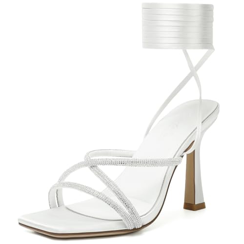 Image of Mostrin Womens Sandals Strappy Heels for Women Lace Up Square Open Toe Heels Tie Up High Heeled Sandals for Prom, Party, Daily Wear