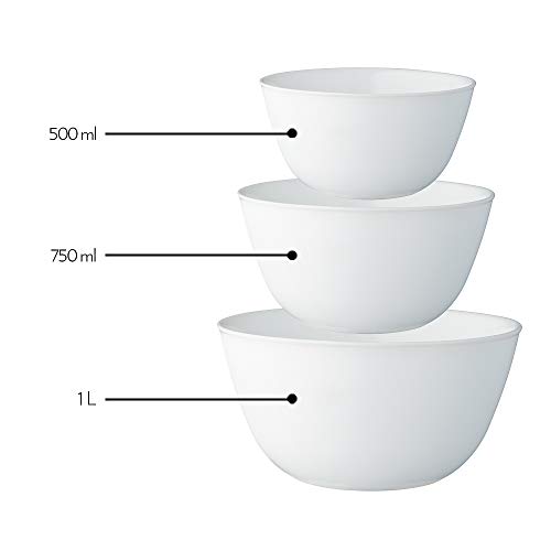 Image of Larah by BOROSIL Opalware Solid Mixing Bowl - 500ml, 750ml, 1L, Set of 3, White