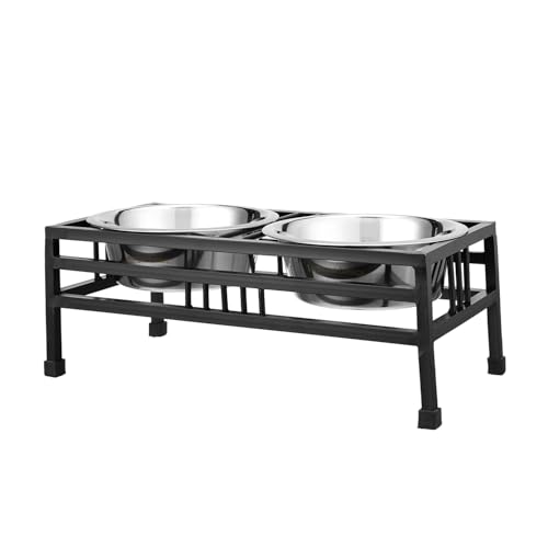 Image of amazon basics, Pet Feeder | Stainless Steel Food & Water Bowls with Stand | Dog Bowls | Elevated Double Diner with Stand | Large Size (1600 ml x 2 Bowl) (Black)