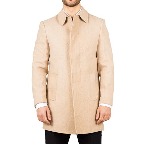 Infinity Leather Manteau Beige en Laine Mélangée Pour Homme, V D'Hiver à Col Classique, Trench Manteau