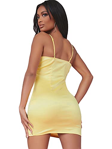 Verdusa Women's Split Hem Cowl Neck Spaghetti Strap Satin Cami Bodycon Dress Yellow M #TOP1