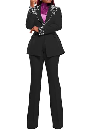 Women's 2 Piece Sets Pants Suits Casual Business Pearls Outfits Dressy Blazer and Flared Pant Set