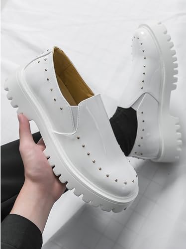 Men's Sparkly Leather Platform Comfort Penny Loafers Round Toe Slip On Lightweight Lug Sole Golden Rivets Dress Shoes for Business Work Daily Wear3