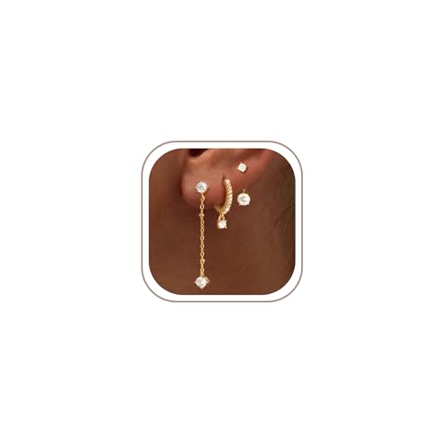 Image of Freekiss 3 Pairs Gold Hoop Earrings Set: Dainty Stud Earrings Trendy Small 14K Gold Plated Hypoallergenic Dangle Cartilage Huggie Hoop Earrings for Women Gold Jewelry for Women Gifts