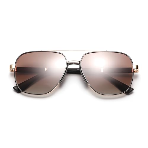 Classic Premium Aviator Sunglasses, Full UV Protection, Black Gold Metal Frame with Brown Polarized Lens