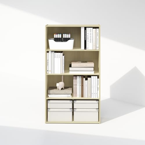 Image of Furinno Simple Book Shelf, 4-Tier Bookshelf, Bookcase with Open Shelf, 9.4 x 23.6 x 41.7, for Living Room, Bedroom, Home Office, Steam Beech