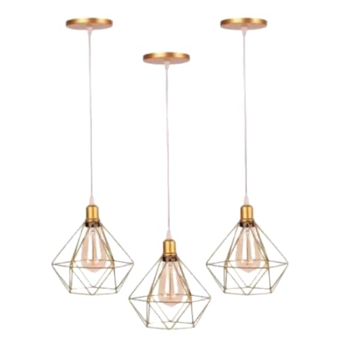 Pendentes Diamante Aramado Dourado Cabo Regulável Kit C/3