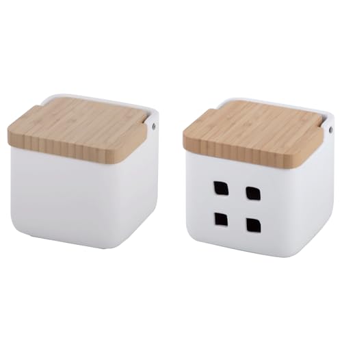 KOOK TIME Set de accesorios cocina - incluye Salero de cocina y bote de Ajos - bote para ajos y salero de cocina con tapa basculante - Cerámica y bambú - 11.5x11.5x11.5 cm. (Set 2 Blanco)