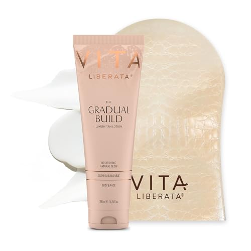 VITA LIBERATA Fabulous Gradual Tanning Lotion 200ml & Dual Sided Self Tanner Mitt Super Hydrating Hyaluronic Acid Designed for Face & Body Buildable Formula Streak Free Lasting Finish