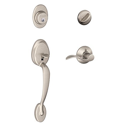 Image of SCHLAGE Front Door Handleset, Right Hand Accent Lever, Satin Nickel | Exterior front door handleset with deadbolt & handed interior lever, Easy install, Certified security & durability, 2 keys
