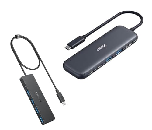 Anker 332 USB-C Hub (5-in-1) with 4K HDMI Display, 5Gbps - and 2 5Gbps USB-A Data Ports&Anker 4-Port USB 3.0 Hub with 5Gbps Data Transfer, Ultra-Slim Data USB C Hub