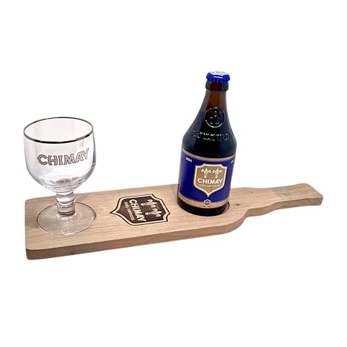 Chimay Planchette de Dégustation Officielle en Bois Gravé avec Verre de dégustation 17cl Inclus, Logo Pères Trappistes, Accessoire Bière Belge Trappiste