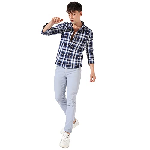 Image of CAHOOT Men's Blue Checkered Collared Button Up Shirt for Casual Wear | Shirt Crafted with Regular Sleeve, Comfort Fit & High-Performance for Everyday Wear