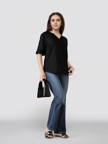 Image of FYLTR Women's Casual Roll -Up Sleeves Rayon V-Neck Top - Western Tops | Shirts for Women | Soft & Comfortable | Tops for Jeans
