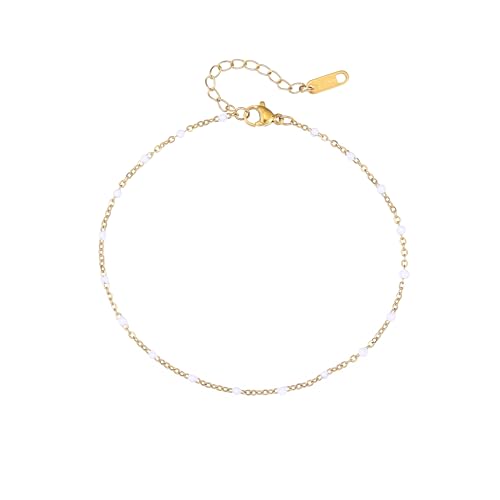 Image of Dainty Ankle Bracelets for Women 18K Gold Plated Beaded Anklet Chain Simple Tiny Beads Anklet Waterproof Minimalist Summer Beach Foot Jewelry Gifts
