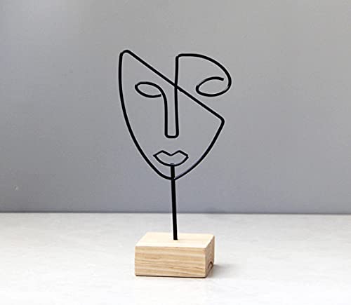 Nayoroom Dekofigur Abstrakt Gesicht Hergestellt Aus Schwarz Metalldraht Und Holz Modern Kunst Minimalistisch Dekoration Deko Für Wohnzimmer Schlafzimmer Büro Regal (Schwarz) Cover