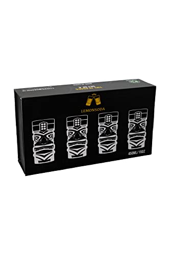 Clear Tiki Glasses, Set Of 4 - 450 Ml - Perfect For Exotic Cocktails, Lemonade, Ice Tea, Mixed Drinks- Exotic Zombie, Rum, Mai Tai, Pina Colada, Punch, Hurricane, Bar Drinkware #TOP4