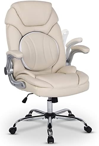Comermax Modern Executive Office Chairs with Lumbar Support, 90-120° Rocking Managerial Chair Ergonomic PU Leather Home Office Desk Chairs with Wheels, Flip-up Arms & Back Support (White)