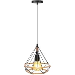 Lampara Cuerda Negra Aigostar Retro Lámpara Colgante de Metal,Industriales Cuerda de Cáñamo Lámpara de Techo Colgante Casquillo E27,Vintage iluminación de techo para decorar el Salón,Dormitorio,Comedor,Café. 25cm, Negro
