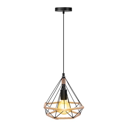 Aigostar Retro Lámpara Colgante de Metal,Industriales Cuerda de Cáñamo Lámpara de Techo Colgante Casquillo E27,Vintage iluminación de techo para decorar el Salón,Dormitorio,Comedor,Café. 25cm, Negro