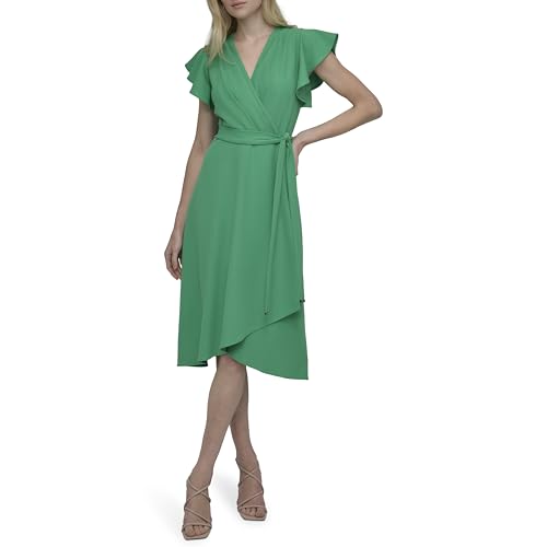 Image of DKNY Women's Flutter Sleeve Tie Fit & Flare Midi Dress