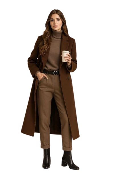 PATAKADEVI Women Soft Woolen Warm Full Sleeve Solid Long Coat | Casual Winter Outings | Full Length Coverage | Side Pockets | Single Breasted Closure | Versatile Styling | Brown | P