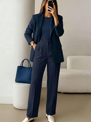 Image of KATECLO Women's High Waisted Formal Trousers - Regular Fit Straight Leg Dress Pants with Pockets for Office, Workwear, & Casual Smart Looks