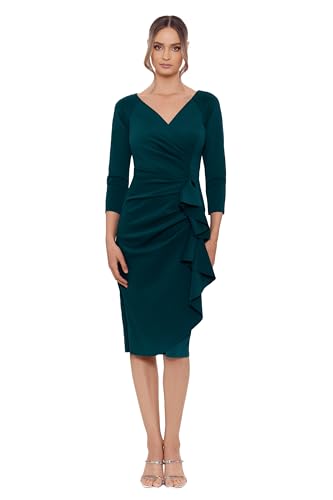 Xscape Women's 3/4 Sleeve V-Neck Side Ruched Midi Dress (Reg and Petite), Hunter, 14P